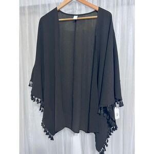 Freshwater‎ Black Tassel Kimono Cardigan Cover Up Size L